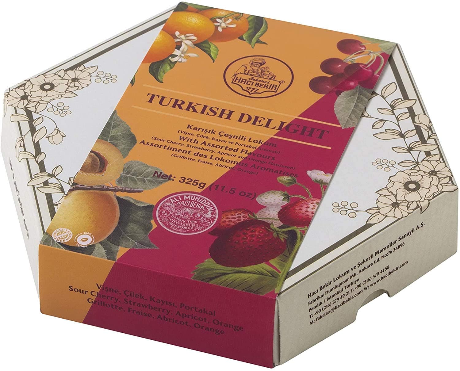 Haci Bekir Turkish Delight Assorted Fruit Flavors Vegan 11.5oz Box